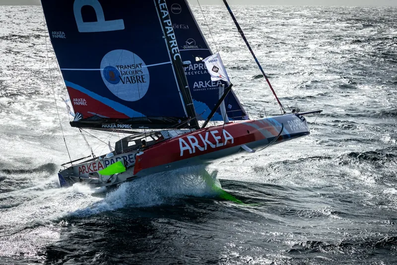 IMOCA 60 Arkea Paprec foiling, aerial view