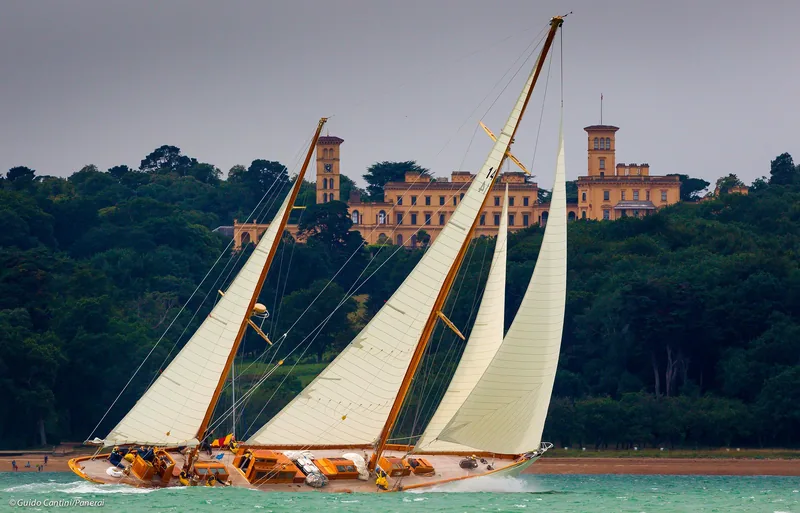 Sumurun, 1914 Fife ketch, passing a lighthouse under full sail