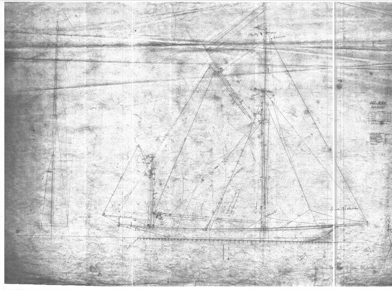 Original 1914 sail plan drawing of Sumurun, reverse-engineering reference