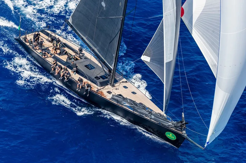 Wally 77 Lyra racing at a Rolex regatta, aerial view
